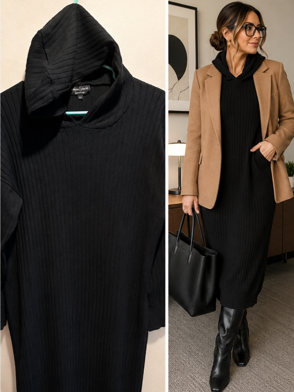 Maya Black Hooded Rib-Knit Maxi Dress Travel/Lounge Atheleisure Sporty w Pockets